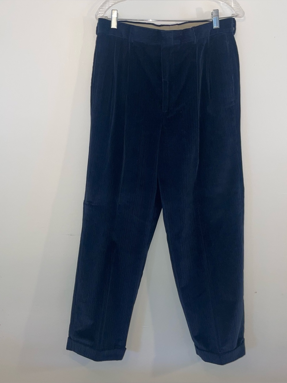 Men's Navy Corduroy pleated Tapered Pants, cotton, cuffed